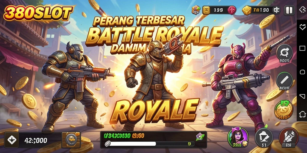 Screenshot gameplay 380SLOT menampilkan pertempuran yang intens di arena terbuka.
