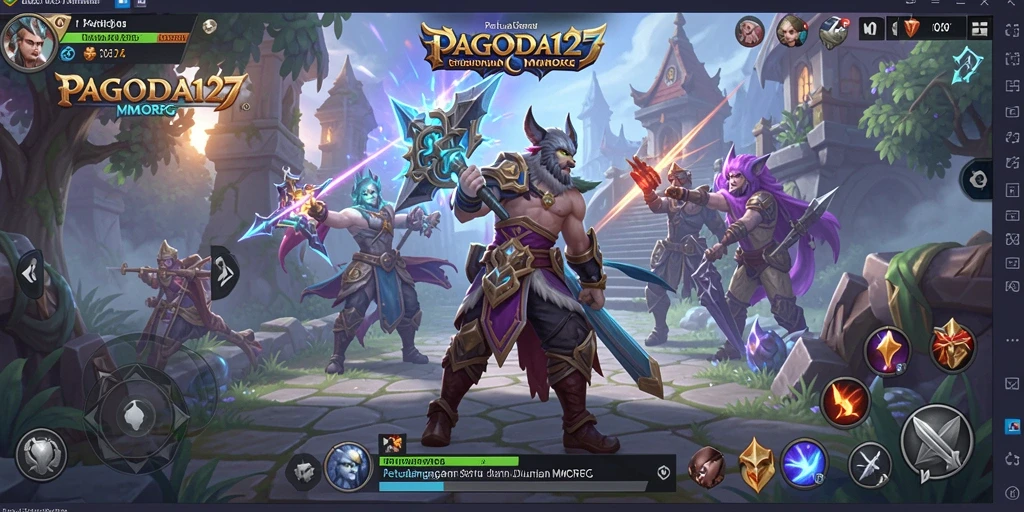 Screenshot utama PAGODA127 yang menunjukkan aksi pertempuran seru di dunia MMORPG.