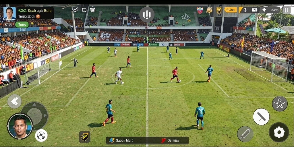 Screenshot gameplay S13 yang memperlihatkan aksi seru di lapangan sepak bola.
