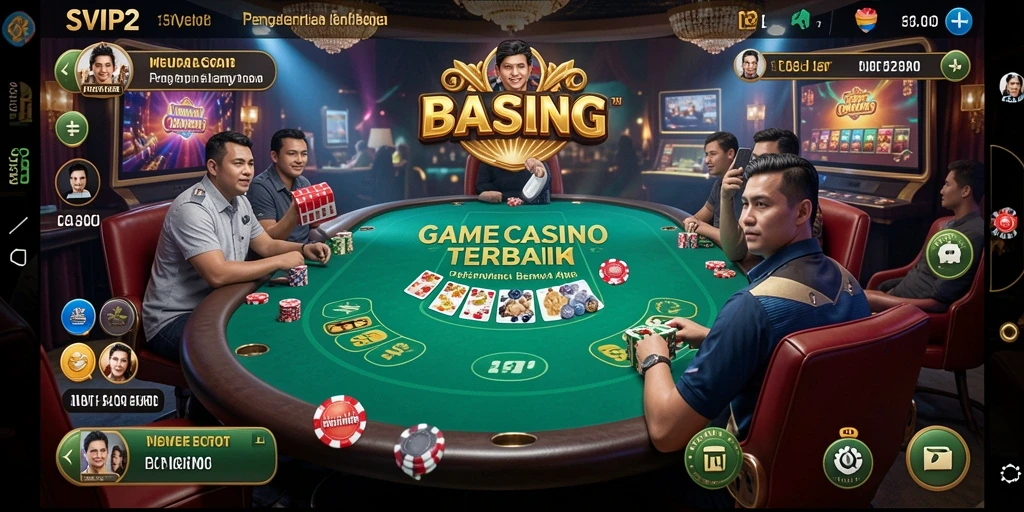 Screenshot utama dari gameplay Live Casino yang menampilkan dealer dan pemain.